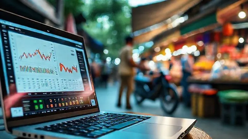 A photorealistic image of a digital nomad on a laptop, with a clean, organized interface showing financial data and charts, while in the background, out of focus, is a vibrant street market in a foreign country. The contrast highlights the efficiency amidst adventure. Professional photography, 8K, cinematic lighting, sharp focus, depth of field. Shot on a high-end DSLR.