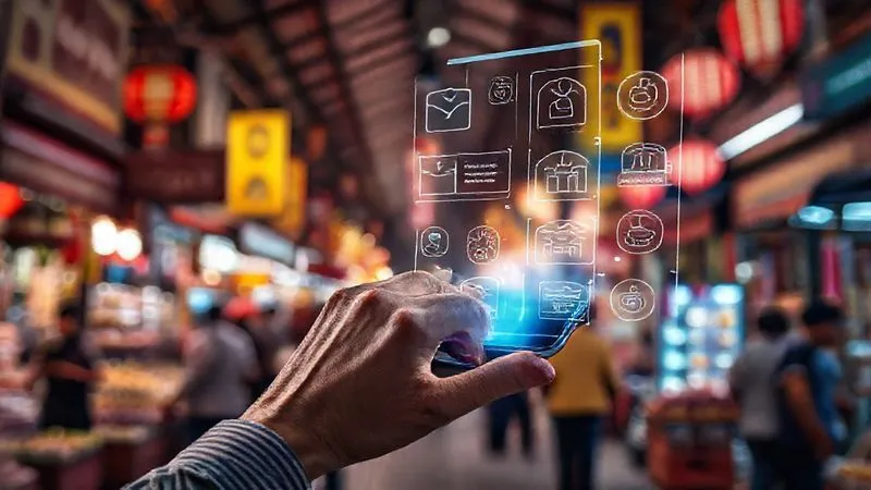 A photorealistic, professional photography image of a digital nomad's hand interacting with a holographic interface projected from a smartphone, displaying various automated tasks like email sorting, calendar updates, and financial tracking. The background is a vibrant, bustling marketplace in a foreign city. Cinematic lighting, sharp focus on the hand and holographic display, depth of field, 8K hyper-detailed, shot on a high-end DSLR.