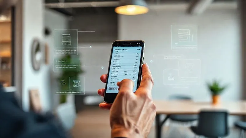 A photorealistic image of a digital nomad's hand scanning a paper receipt with a smartphone camera, with augmented reality overlays showing automatic categorization and expense tracking. The background is a clean, modern workspace inside a co-working space in Lisbon. Cinematic lighting, sharp focus on the phone and receipt, depth of field, 8K hyper-detailed, shot on a high-end DSLR.