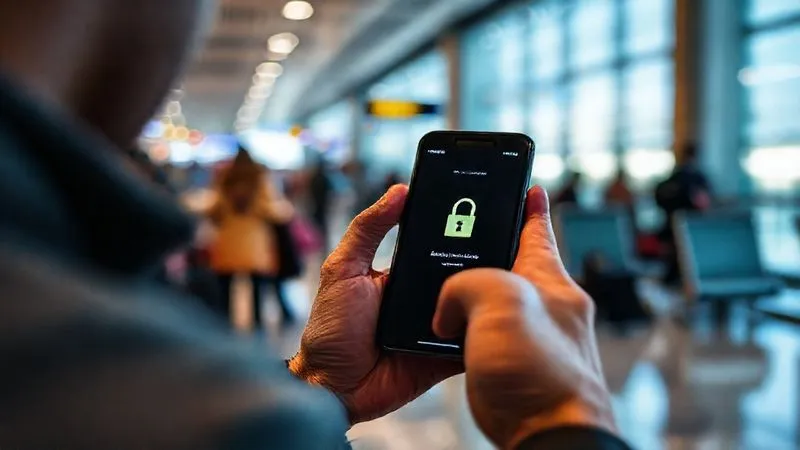 A photorealistic, professional photography image of a digital nomad's smartphone displaying a VPN connection status, with a padlock icon, while working in a bustling airport lounge. The screen shows encrypted data flow. Cinematic lighting, sharp focus on the phone screen and the user's hand, depth of field, 8K hyper-detailed, shot on a high-end DSLR.