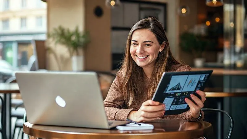 A photorealistic image of a digital nomad (female, mid-30s, creative profession) smiling confidently while working on a laptop and tablet, surrounded by a serene cafe environment in a European city. A complex, yet organized digital workflow is subtly hinted at on her screens. Cinematic lighting, sharp focus on her and the devices, depth of field, 8K hyper-detailed, shot on a high-end DSLR.