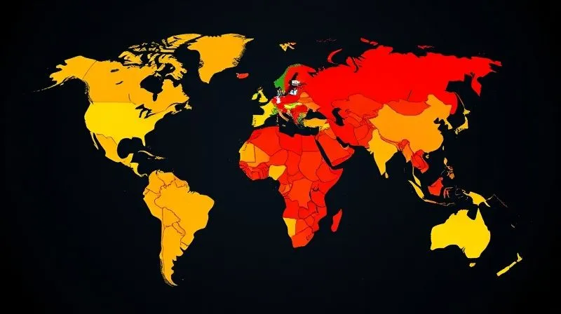 A photorealistic world map with various countries highlighted in different shades of red, yellow, and green, representing varying healthcare costs. Overlaid on the map are small, symbolic medical icons (a cross, a hospital building) that appear larger and more prominent in high-cost regions, while smaller in low-cost regions. Cinematic lighting, sharp focus, 8K, professional photography.