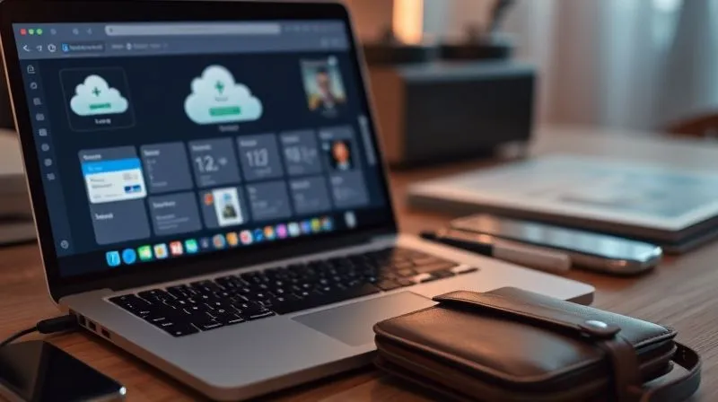 A photorealistic image of a digital nomad's organized workspace. A laptop displays a secure cloud storage interface with various medical documents (insurance card, passport, medical history) open in separate folders. Next to the laptop, there's a physical travel wallet with a neatly folded insurance card peeking out. Cinematic lighting, sharp focus, 8K, professional photography, depth of field.