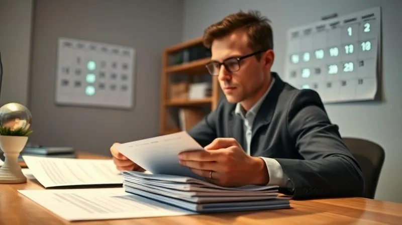 A photorealistic image of a person sitting at a desk, intently reviewing a stack of documents, including an insurance policy and financial statements. A calendar on the wall shows highlighted dates for annual reviews. The setting is bright and organized, conveying a sense of control and planning. Cinematic lighting, sharp focus, 8K, professional photography, depth of field.