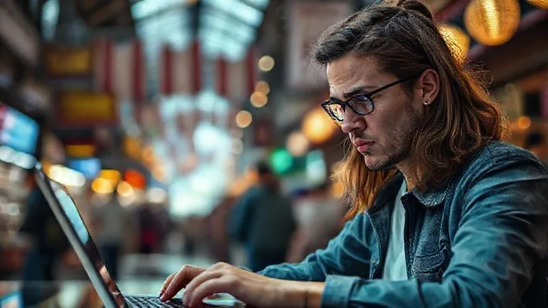 A photorealistic image of a digital nomad looking stressed while checking their bank balance on a laptop, with a blurred background of a bustling foreign market, cinematic lighting, sharp focus, 8K.