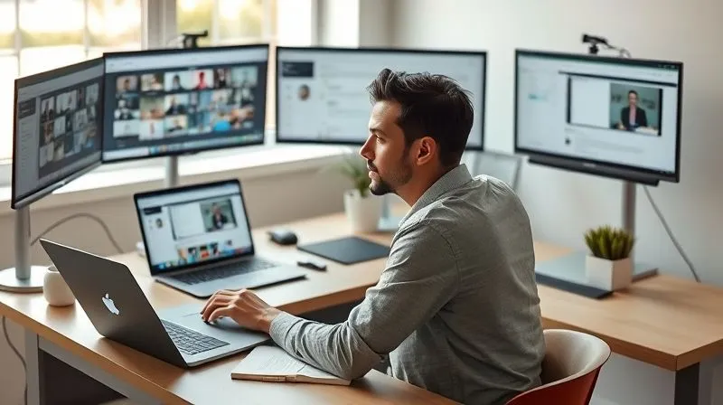 A photorealistic image of a professional nomad sitting at a minimalist desk, surrounded by multiple open laptop screens showing webinar interfaces, research tabs, and a digital notebook with handwritten notes. The person is focused, with a thoughtful expression, bathed in soft, natural light coming from a window. Cinematic lighting, sharp focus on the person and screens, depth of field blurring the background, 8K hyper-detailed, professional photography, shot on a high-end DSLR, conveying meticulous preparation.