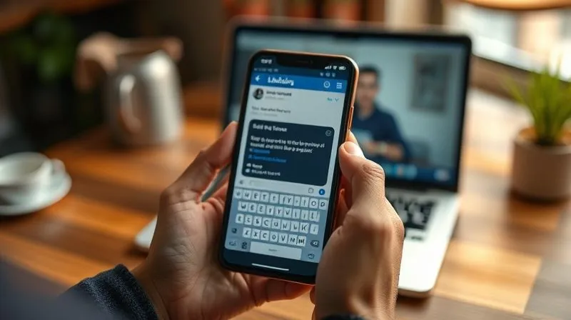 A photorealistic image of a person's hands holding a smartphone, displaying a LinkedIn message interface with a personalized follow-up message being typed. In the background, a blurred but identifiable webinar screen is visible on a laptop. The scene is set in a cozy, well-lit remote workspace, perhaps a cafe or a home office. Cinematic lighting, sharp focus on the smartphone and hands, depth of field blurring the background, 8K hyper-detailed, professional photography, shot on a high-end DSLR, conveying a thoughtful and timely digital interaction.