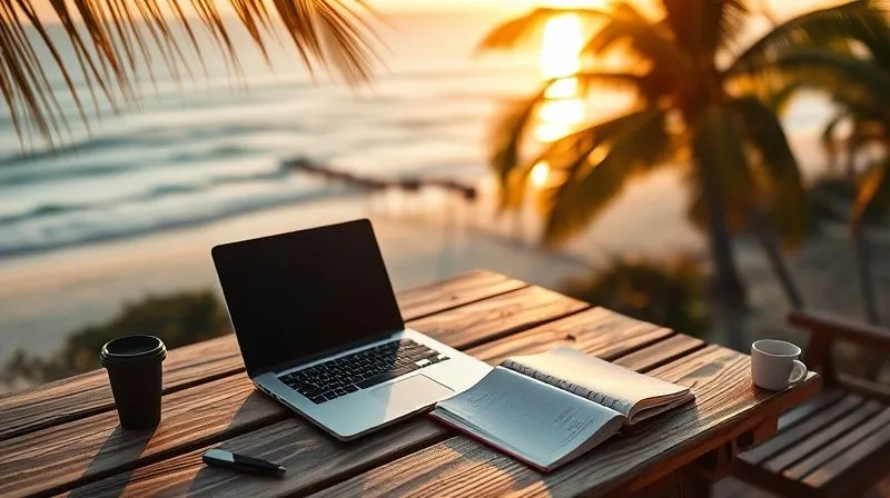 A photorealistic image of a minimalist, modern digital nomad workspace set up on a rustic wooden table, overlooking a stunning, vibrant tropical beach at sunrise. The laptop is open, a neatly organized journal and a cup of coffee are beside it. The light is soft and golden, highlighting the contrast between the tranquil environment and the focused work setup. Sharp focus on the workspace, depth of field blurring the beach. Professional photography, 8K, cinematic lighting.