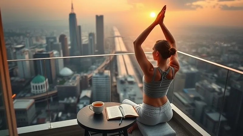A photorealistic, professional photography, 8K, cinematic lighting, sharp focus, depth of field, shot on a high-end DSLR, of a person performing a gentle morning yoga stretch on a balcony overlooking a bustling but beautiful foreign city at dawn. A minimalist journal and a cup of herbal tea are on a small table beside them. The mood is serene, focused, and reflective, emphasizing personal well-being amidst travel.