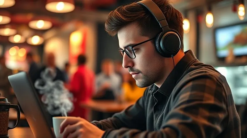 A photorealistic, professional photography, 8K, cinematic lighting, sharp focus, depth of field, shot on a high-end DSLR, of a digital nomad wearing noise-canceling headphones, intensely focused on a laptop screen in a bustling, vibrant cafe. The background is slightly blurred, showing the lively atmosphere but emphasizing the individual's deep concentration. Steam rises from a coffee cup nearby. The mood is one of calm focus amidst energy.