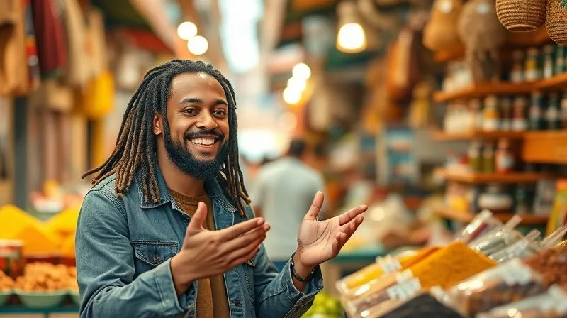 A photorealistic image of a smiling digital nomad with dreadlocks, in a bustling local market in Marrakech, Morocco, enthusiastically interacting with a friendly local vendor selling spices. They are both gesturing with their hands, showing a clear connection despite a potential language barrier. Cinematic lighting, sharp focus on their faces and the vibrant market goods, depth of field blurring the background, 8K hyper-detailed, professional photography, shot on a high-end DSLR.