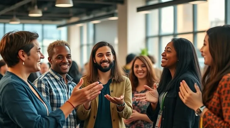 A photorealistic image of a diverse group of people, including a digital nomad, confidently engaged in a lively conversation at a community event, possibly a language exchange meetup. They are smiling, making eye contact, and using natural hand gestures. The lighting is warm and inviting, highlighting their expressions of connection and understanding. Sharp focus on the interacting individuals, with a softly blurred background of a welcoming, modern community space. 8K hyper-detailed, professional photography, shot on a high-end DSLR.