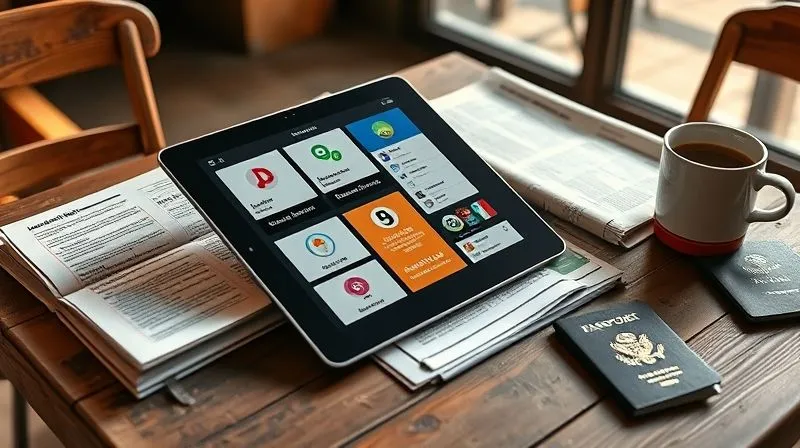 A photorealistic image of a sleek tablet displaying various language learning app interfaces (e.g., Duolingo, Memrise, a dictionary app) alongside an open, well-worn phrasebook and a local newspaper. The tablet is resting on a rustic wooden table in a sunlit cafe, with a half-empty coffee cup and a passport nearby, symbolizing a digital nomad's workspace. Cinematic lighting, sharp focus on the tablet screen and book, depth of field blurring the cafe background, 8K hyper-detailed, professional photography, shot on a high-end DSLR.