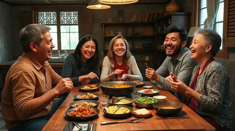 A photorealistic image of three digital nomads from diverse backgrounds, seated around a rustic wooden table, sharing a traditional meal and laughing genuinely with a local family in a cozy, warmly lit home. The scene exudes authentic connection and cultural exchange. Cinematic lighting highlights their joyful expressions and the vibrant food. Sharp focus on the interacting individuals, with a softly blurred background showing traditional home decor. 8K hyper-detailed, professional photography, shot on a high-end DSLR.
