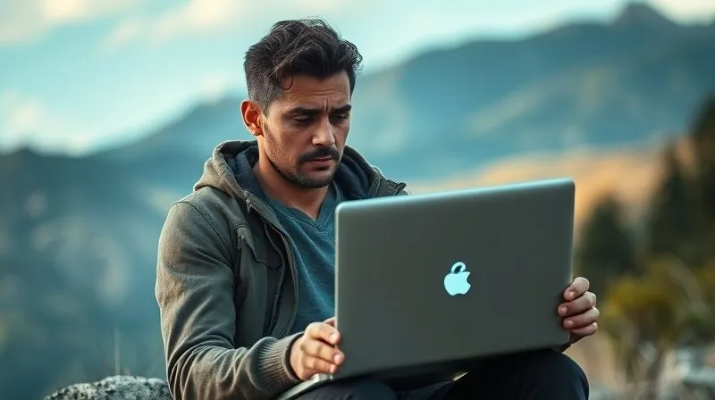 photorealistic, professional photography, 8K, cinematic lighting, sharp focus, depth of field, shot on a high-end DSLR. A digital nomad, looking frustrated, holding a laptop with a 'no internet connection' icon displayed prominently on the screen, while sitting in a beautiful but remote natural landscape. The lighting is slightly dramatic, highlighting the emotional struggle.