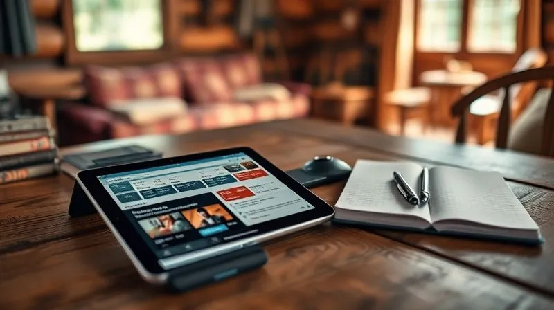 photorealistic, professional photography, 8K, cinematic lighting, sharp focus, depth of field, shot on a high-end DSLR. A collection of digital nomad study tools laid out on a rustic wooden table: a tablet displaying an e-learning app, a smartphone with downloaded lectures, a notebook, and a pen, all against a blurred background of a cozy, remote cabin interior. Soft, natural light.
