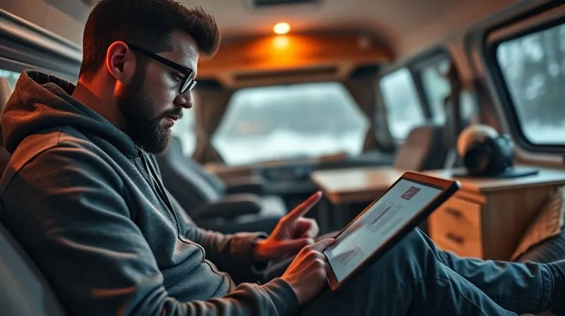 photorealistic, professional photography, 8K, cinematic lighting, sharp focus, depth of field, shot on a high-end DSLR. A digital nomad diligently taking notes and creating a mind map on a tablet, with a downloaded e-learning video playing in a smaller window. The background is a cozy, minimalist workspace in a camper van, suggesting efficiency and focus. Warm, inviting light.