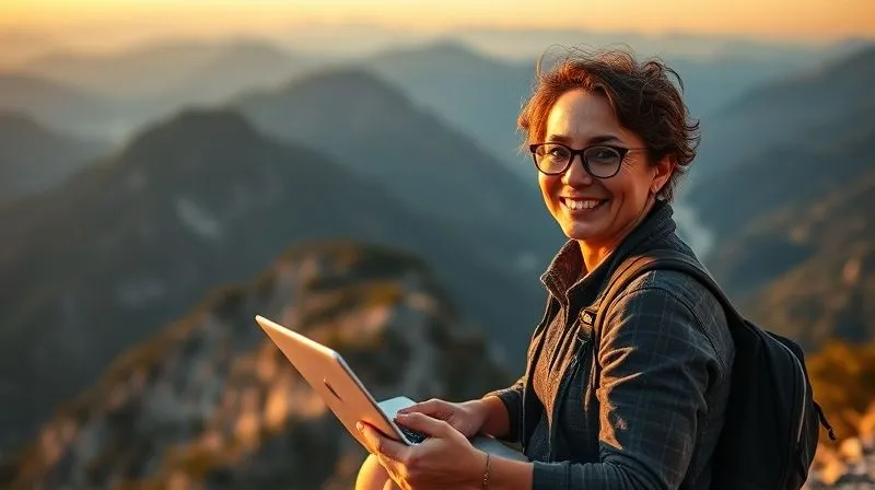 photorealistic, professional photography, 8K, cinematic lighting, sharp focus, depth of field, shot on a high-end DSLR. A determined digital nomad, mid-30s, smiling confidently while looking out over a stunning mountain vista, having just closed their laptop after a productive offline study session. The scene conveys a sense of accomplishment, freedom, and balance. Golden hour lighting.
