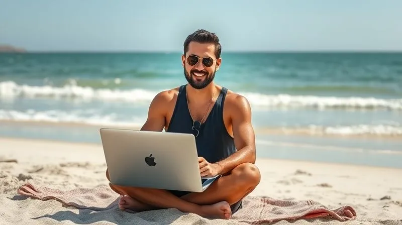 A photorealistic image of a calm digital nomad sitting by a laptop on a beach, working efficiently, with a serene ocean view. The nomad is smiling faintly, demonstrating peace and productivity amidst a flexible lifestyle. Professional photography, 8K, cinematic lighting, sharp focus, depth of field, shot on a high-end DSLR.