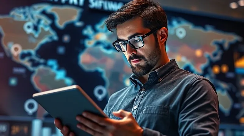 A photorealistic image of a digital nomad thoughtfully reviewing financial data on a tablet, with a backdrop of various international currencies subtly visible. The scene exudes financial stability and control. Professional photography, 8K, cinematic lighting, sharp focus, depth of field, shot on a high-end DSLR.