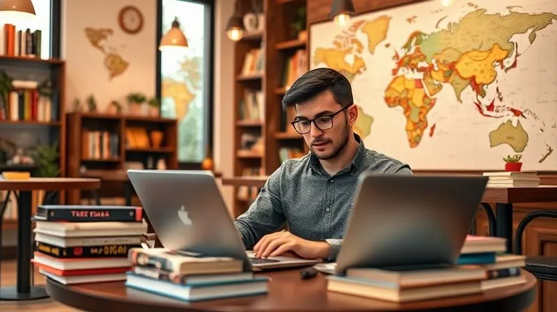 A photorealistic image of a digital nomad attending an online course on a laptop, surrounded by books and a global map, symbolizing continuous learning and adaptation. The setting is a cozy, modern cafe. Professional photography, 8K, cinematic lighting, sharp focus, depth of field, shot on a high-end DSLR.
