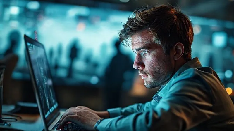 A photorealistic, professional photography, 8K, cinematic lighting, sharp focus, depth of field, shot on a high-end DSLR, of a digital nomad looking cautiously at a laptop screen showing a complex, slightly ominous digital landscape with blurred figures, symbolizing the hidden dangers of online work. The nomad's face shows a mix of determination and wariness.