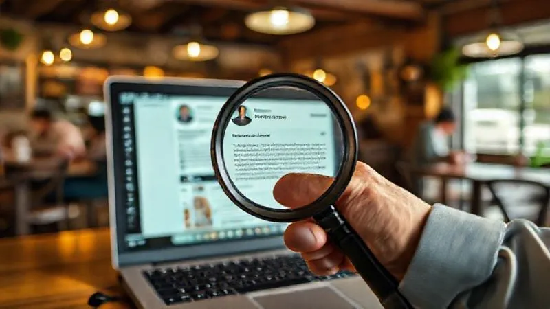 A photorealistic image of a magnifying glass over a laptop screen, highlighting a suspicious profile or project description, with a digital nomad's hand carefully pointing. The background shows a bustling cafe, symbolizing the nomad lifestyle. Cinematic lighting, sharp focus on the magnifying glass and screen, depth of field, 8K hyper-detailed, shot on a high-end DSLR.