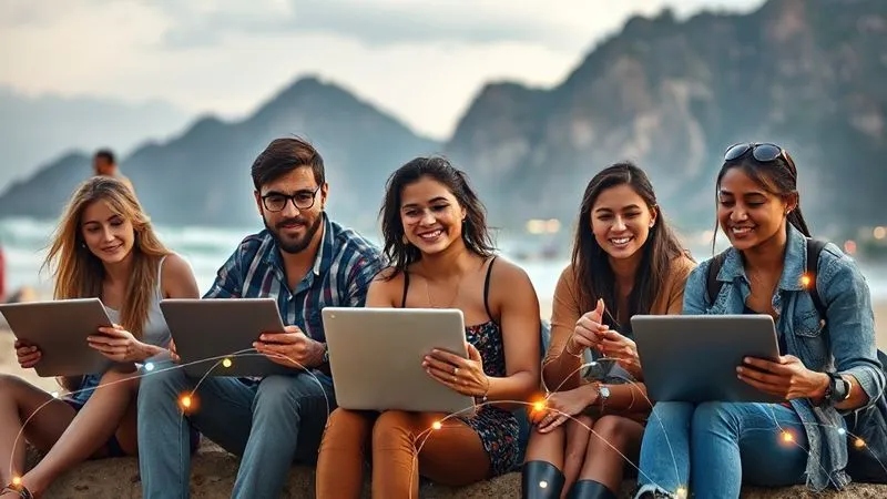 Photorealistic, professional photography, 8K, cinematic lighting, sharp focus, depth of field, shot on a high-end DSLR. A diverse group of digital nomads, each with a laptop or tablet, in different iconic global locations – one on a beach, another in a bustling cafe, a third in a serene mountain retreat. They are all subtly connected by a glowing network line, symbolizing their shared lifestyle and digital connection. The image conveys community and global reach, with a hint of individuality.