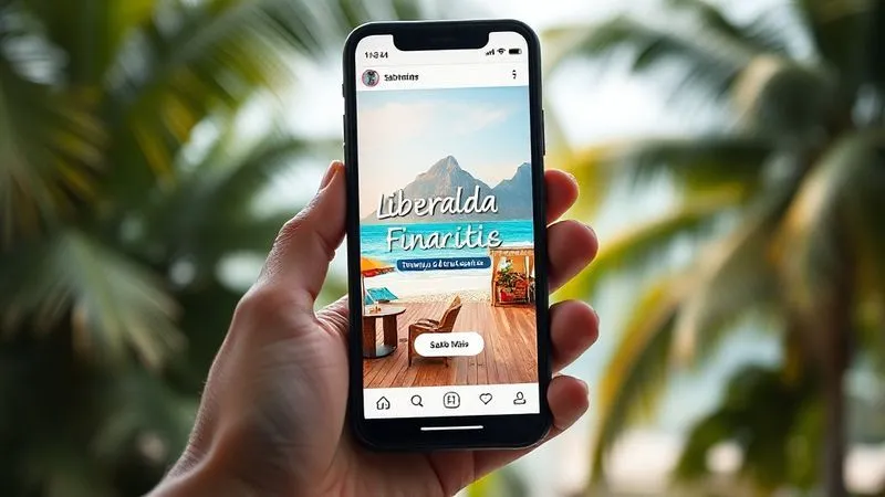 Photorealistic, professional photography, 8K, cinematic lighting, sharp focus, depth of field, shot on a high-end DSLR. A visually appealing Instagram Reel mockup on a smartphone screen, held by a hand. The Reel shows dynamic, quick cuts of a digital nomad working from various beautiful locations (beach, mountain, vibrant city cafe), interspersed with text overlays like 'Liberdade Financeira' and 'Trabalhe de Onde Quiser'. The phone screen is bright and engaging, with a clear 'Saiba Mais' button. The background is a slightly blurred, inviting tropical landscape.