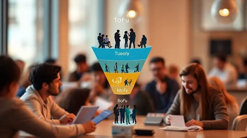 Photorealistic, professional photography, 8K, cinematic lighting, sharp focus, depth of field, shot on a high-end DSLR. A clear, visually engaging marketing funnel diagram. The top of the funnel (ToFu) shows diverse digital nomads interacting with free content (ebooks, webinars). The middle (MoFu) shows fewer nomads engaging with more specific offers (mini-courses, workshops). The bottom (BoFu) shows a small group of nomads happily using a product or service. The funnel is sleek, modern, and glows with subtle digital light, indicating efficiency and flow.