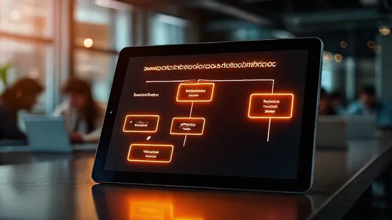Photorealistic, professional photography, 8K, cinematic lighting, sharp focus, depth of field, shot on a high-end DSLR. A stylized, glowing email marketing automation flowchart displayed on a tablet screen. The flowchart shows a clear sequence of steps: 'Lead Capture' -> 'Welcome Email' -> 'Educational Content' -> 'Product Offer' -> 'Follow-up'. The background is a blurred, modern co-working space with diverse people working on laptops, emphasizing efficiency and global collaboration.