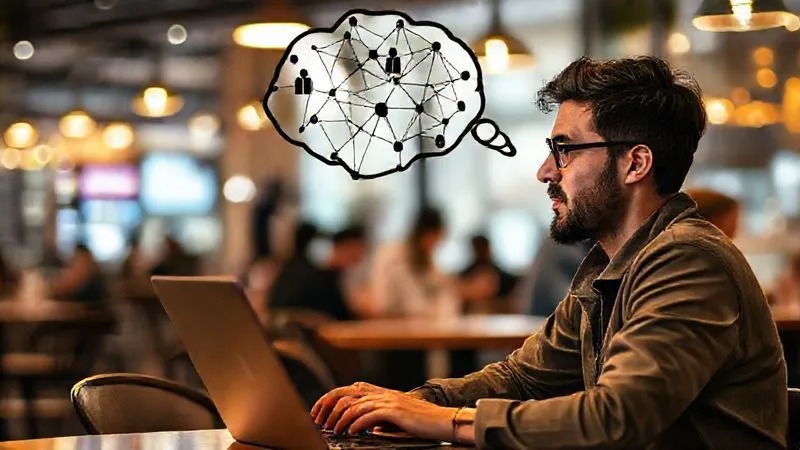 A photorealistic image of a digital nomad sitting at a laptop, a thought bubble above their head showing connecting lines and a network of people, illustrating strategic online networking. Cinematic lighting, sharp focus on the nomad's face and laptop, depth of field blurring a bustling cafe background. 8K hyper-detailed, shot on a high-end DSLR.