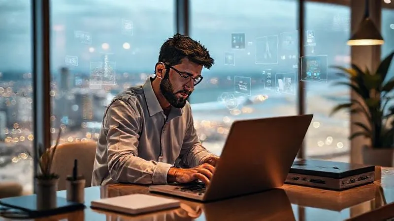 A photorealistic image of a digital nomad working efficiently on a laptop, with multiple screens or digital elements floating around them, representing automation and streamlined processes. The background is a serene, organized workspace with a view of a bustling city or a tranquil beach. Cinematic lighting, sharp focus on the nomad and their tech, depth of field. 8K hyper-detailed, shot on a high-end DSLR.