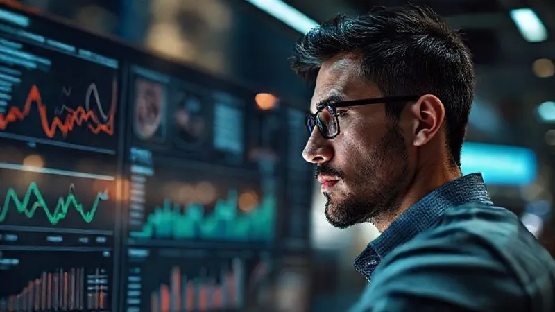 A photorealistic image of a digital nomad looking at a dashboard with various graphs and metrics, representing data analysis and strategic adaptation. The nomad has a focused, thoughtful expression. Cinematic lighting, sharp focus on the dashboard and the nomad's face, depth of field blurring a dynamic cityscape background. 8K hyper-detailed, shot on a high-end DSLR.