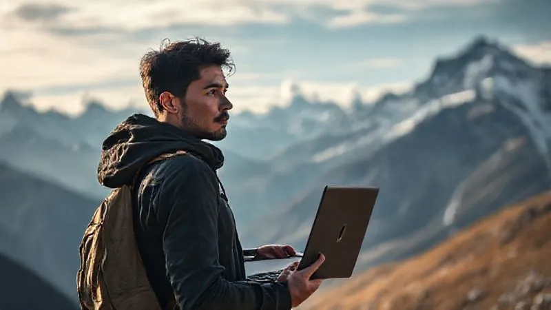 A photorealistic image of a digital nomad looking resiliently at a mountain range or a challenging landscape, symbolizing overcoming obstacles. They are holding a laptop, but their gaze is forward, determined. Cinematic lighting, sharp focus on the nomad's face and the challenging but beautiful background. 8K hyper-detailed, shot on a high-end DSLR.