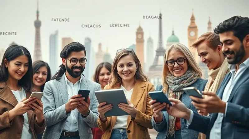 A photorealistic image of a diverse group of people from different countries, each holding a smartphone or tablet, engaged in a video call, with French words subtly appearing as thought bubbles. The background is a collage of famous landmarks from various global cities. Cinematic lighting, sharp focus, depth of field, 8K hyper-detailed, professional photography, shot on a high-end DSLR.