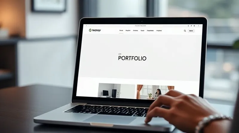 A photorealistic image of a minimalist, elegant digital portfolio website displayed on a sleek laptop screen, with a blurred background showing a person typing on the keyboard. The portfolio features clean typography and impactful project thumbnails, conveying professionalism and expertise. Cinematic lighting, sharp focus on the screen, depth of field, 8K hyper-detailed, professional photography, shot on a high-end DSLR.