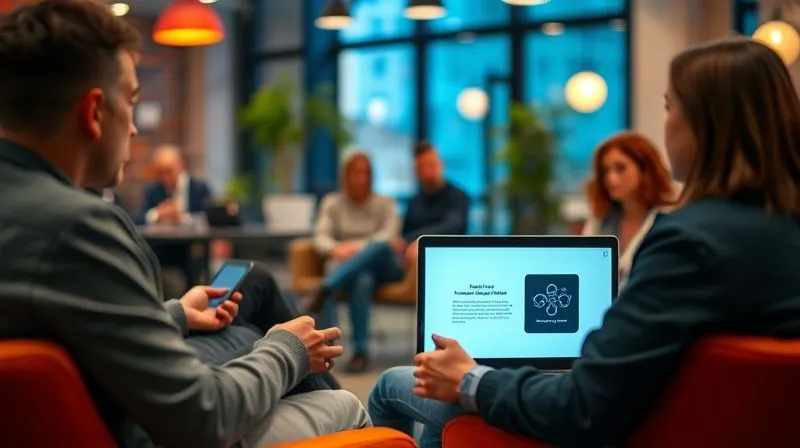 A photorealistic image of a person (a digital nomad) sitting comfortably in a vibrant co-working space, passionately telling a story to a small group of attentive listeners, with a laptop open showing a presentation slide with a simple, impactful graphic. The atmosphere is collaborative and engaging. Cinematic lighting, sharp focus on the storyteller, depth of field blurring the background, 8K hyper-detailed, professional photography, shot on a high-end DSLR.