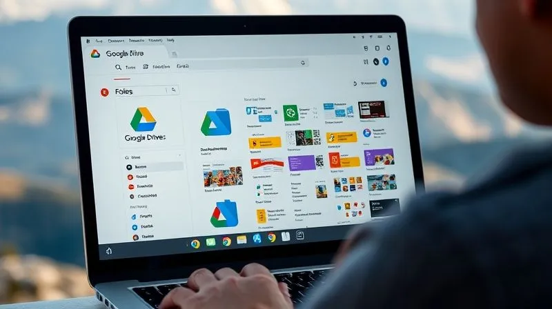 A photorealistic image of a laptop screen displaying a well-organized Google Drive interface with color-coded folders and clearly named files. In the background, a person is working on the laptop in a serene natural setting, like a mountain view or a beach, with a sense of calm and productivity. Cinematic lighting, sharp focus on the screen, depth of field. 8K hyper-detailed, professional photography, shot on a high-end DSLR.