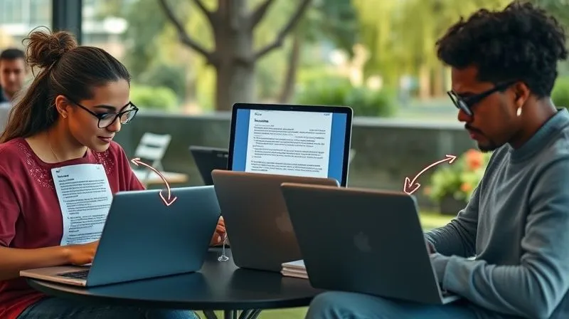 A photorealistic image showing three diverse individuals (one in a cafe, one in a park, one at a home office) each looking at their laptops, with a single Google Docs document open on their screens, highlighting real-time collaboration. Arrows subtly indicate the flow of edits. Cinematic lighting, sharp focus on the screens and faces, depth of field. 8K hyper-detailed, professional photography, shot on a high-end DSLR.