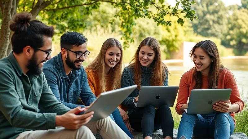 A photorealistic image of a diverse group of digital nomads, smiling and engaged in a casual co-working session outdoors, perhaps in a garden or by a river. Some are looking at laptops, others are discussing, fostering a sense of community and collaborative learning. Cinematic lighting, sharp focus on the group, depth of field. 8K hyper-detailed, professional photography, shot on a high-end DSLR.