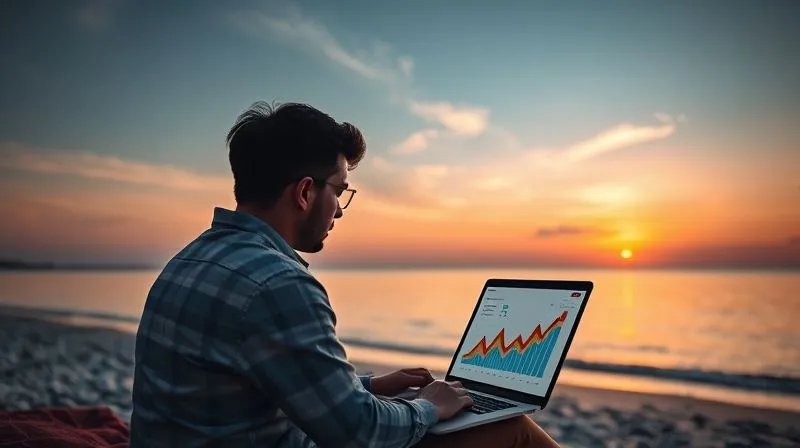 A photorealistic image of a digital nomad sitting by a tranquil beach at sunset, looking thoughtfully at a laptop screen displaying a web analytics dashboard with upward trending graphs. The scene conveys a sense of peaceful productivity and strategic planning. Professional photography, 8K, cinematic lighting, sharp focus, depth of field, shot on a high-end DSLR.