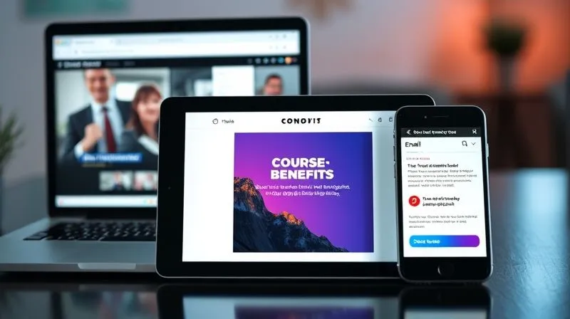 A photorealistic image of a diverse set of digital marketing ad creatives displayed on various screens (laptop, tablet, smartphone). One screen shows a video testimonial, another a carousel ad with course benefits, and a third an email reminder for an abandoned cart. The overall impression is dynamic and multi-platform. Professional photography, 8K, cinematic lighting, sharp focus, depth of field, shot on a high-end DSLR.