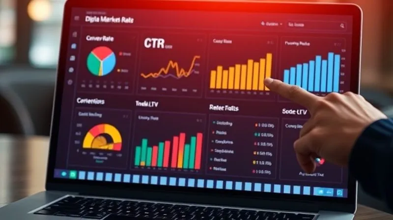 A photorealistic image of a sleek, modern dashboard displaying various digital marketing metrics (CTR, Conversion Rate, ROAS, LTV) with clear, vibrant graphs and data points. The screen is on a laptop, with a hand pointing to a specific metric, suggesting analysis and optimization. Professional photography, 8K, cinematic lighting, sharp focus, depth of field, shot on a high-end DSLR.