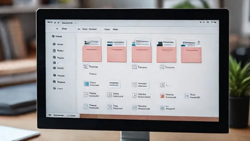 A photorealistic image of a neatly organized digital folder structure on a computer screen, showing folders for '2023', '2024', and subfolders like 'Expenses - Business', 'Expenses - Personal', 'Invoices'. Various digital receipts (PDF/JPEG icons) are visible. The background is slightly blurred, suggesting a home office environment. Cinematic lighting, sharp focus on the screen, depth of field blurring the background, 8K hyper-detailed, shot on a high-end DSLR.