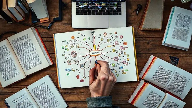 A photorealistic overhead shot of a digital nomad's hand drawing a colorful, intricate mind map on a large notebook, surrounded by open books and a laptop displaying a paused video lecture. The mind map visually connects various concepts with lines and small icons, demonstrating active learning. Cinematic lighting, sharp focus on the hand and notebook, depth of field blurring the background. 8K hyper-detailed, professional photography, shot on a high-end DSLR.