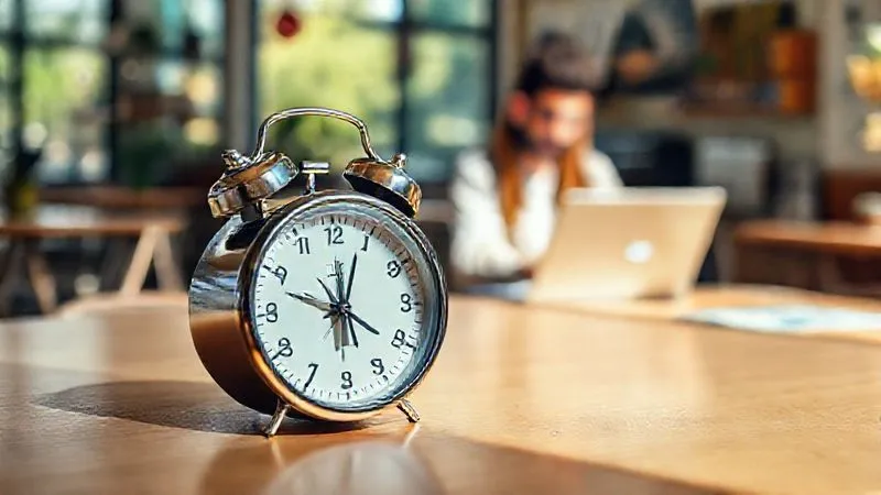 A photorealistic image of a vintage-style timer prominently displayed on a clean wooden desk, with a blurred background showing a digital nomad working on a laptop in a vibrant, sunlit cafe. The timer symbolizes focused work blocks amidst a travel-filled life. Professional photography, 8K, cinematic lighting, sharp focus on the timer, depth of field blurring the background. Shot on a high-end DSLR.