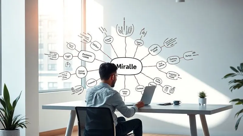 A photorealistic image of a digital nomad sitting at a minimalist desk in a bright, modern co-working space, deeply focused on a mind map. The mind map visually connects concepts like 'problem-solving', 'ROI', 'efficiency gains', and 'unique skills' radiating from a central 'My Value' node. Cinematic lighting highlights the clarity of thought, sharp focus on the mind map, 8K hyper-detailed, shot on a high-end DSLR.