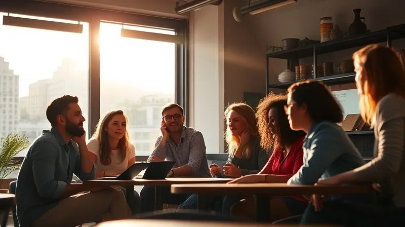 A photorealistic image of a diverse group of digital nomads, some standing, some sitting, engaged in animated conversation at a vibrant co-working space or a local cafe in an exotic location. Sunlight streams through a window, creating cinematic lighting and a warm, inviting atmosphere. Sharp focus on the interacting individuals, with a subtle depth of field blurring the background elements of the city outside. 8K hyper-detailed, professional photography, shot on a high-end DSLR, conveying a sense of community, belonging, and successful local integration.