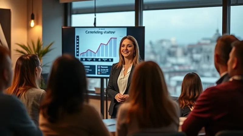 A photorealistic image of a woman (Clara) confidently presenting a marketing strategy to a small, engaged audience in a modern co-working space in Lisbon. The screen behind her displays a professional graph. Cinematic lighting highlights her and the audience, with the iconic Lisbon cityscape visible through a large window in the background. Sharp focus on Clara, depth of field blurring the background. 8K hyper-detailed, professional photography, shot on a high-end DSLR, conveying expertise and successful local integration.